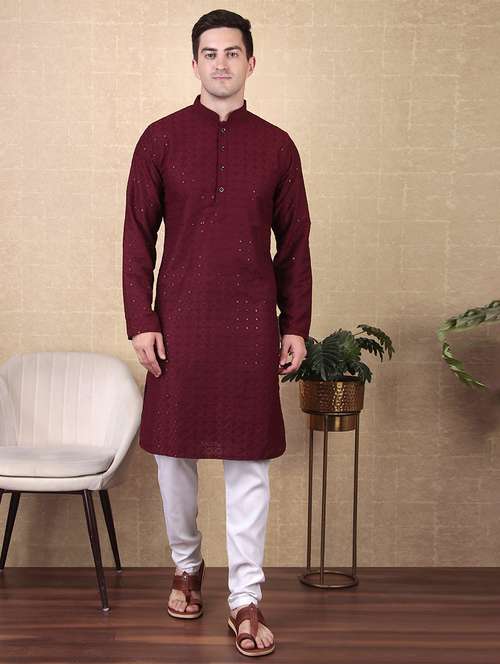 men solid with work mandarin neck long kurta - 22027154 -  Standard Image - 0