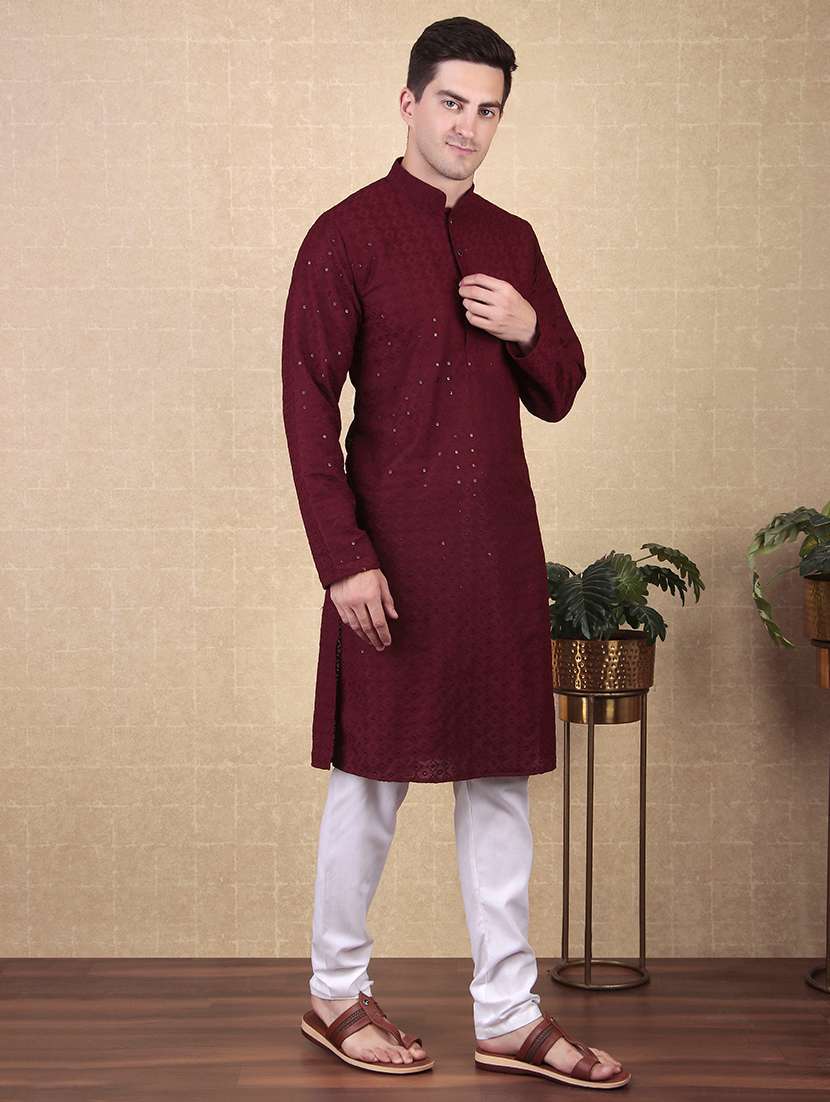 men solid with work mandarin neck long kurta - 22027154 - Standard Image - 3