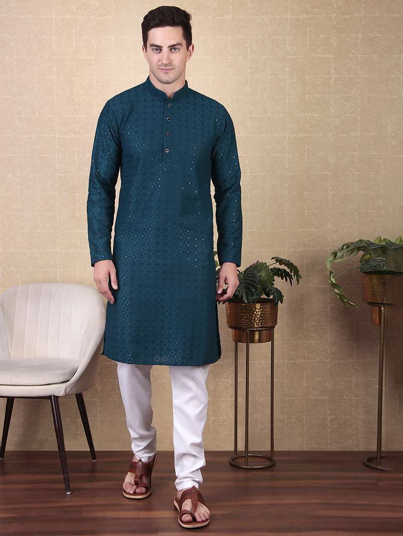men solid with work mandarin neck long kurta - 22027155 -  Zoom Image - 0