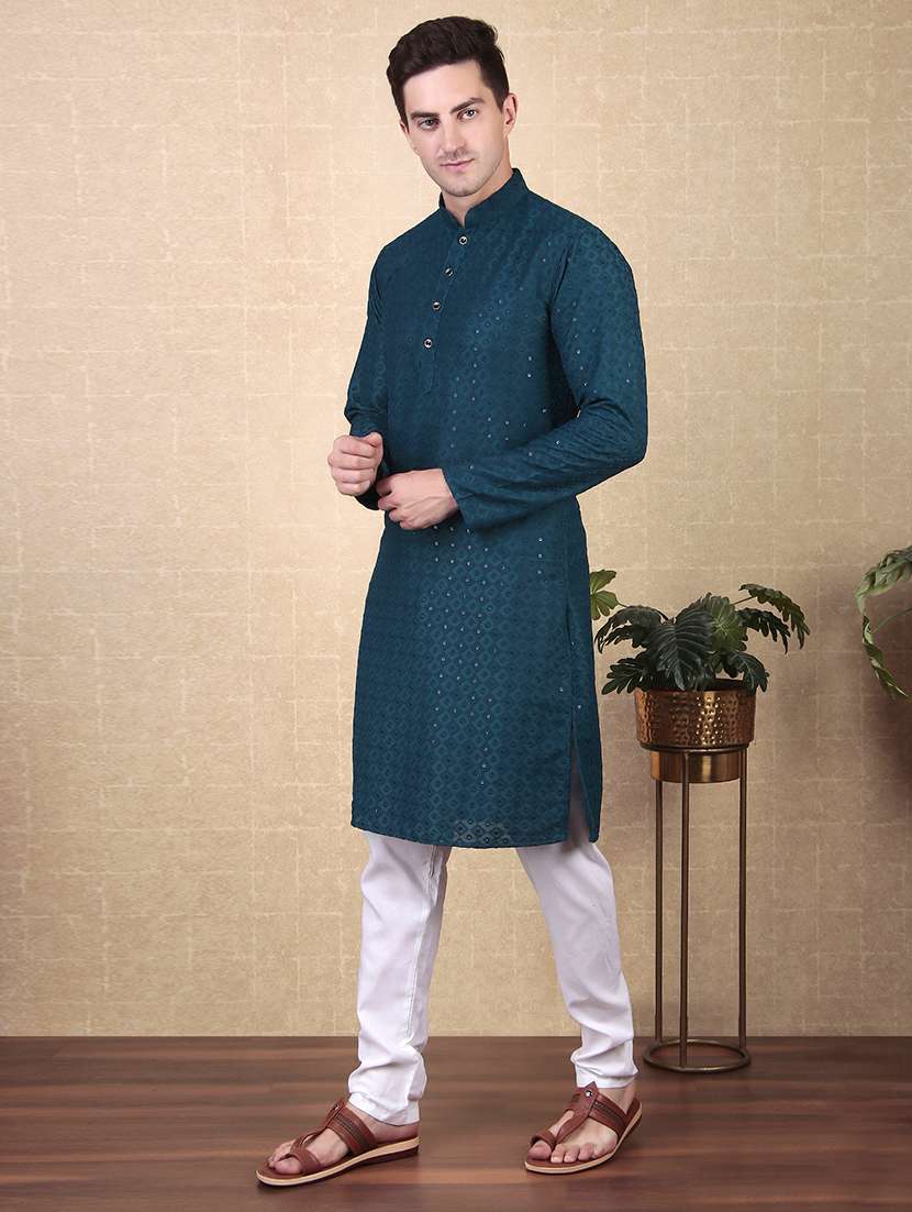 men solid with work mandarin neck long kurta - 22027155 - Standard Image - 3