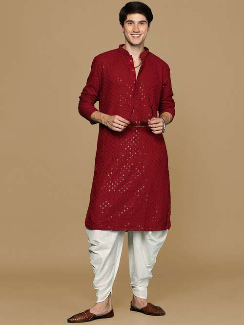 men solid with work mandarin neck long kurta - 22027156 -  Standard Image - 0