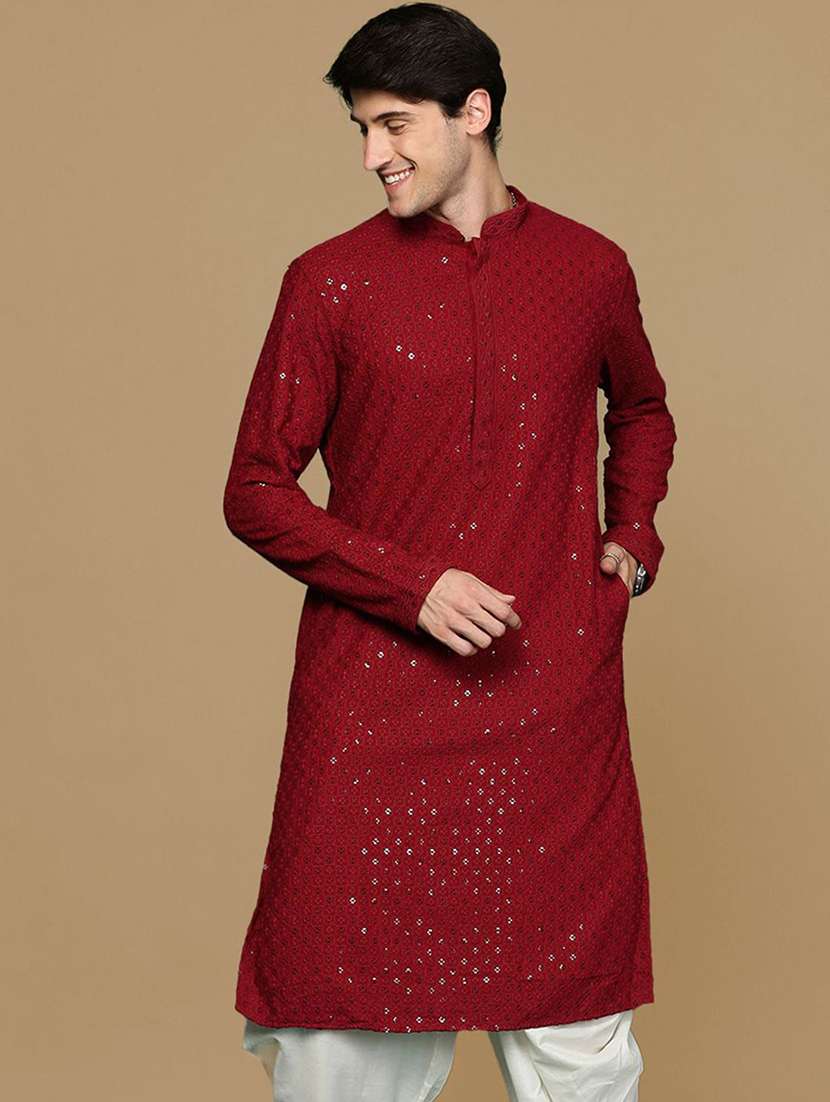 Men Solid With Work Mandarin Neck Long Kurta