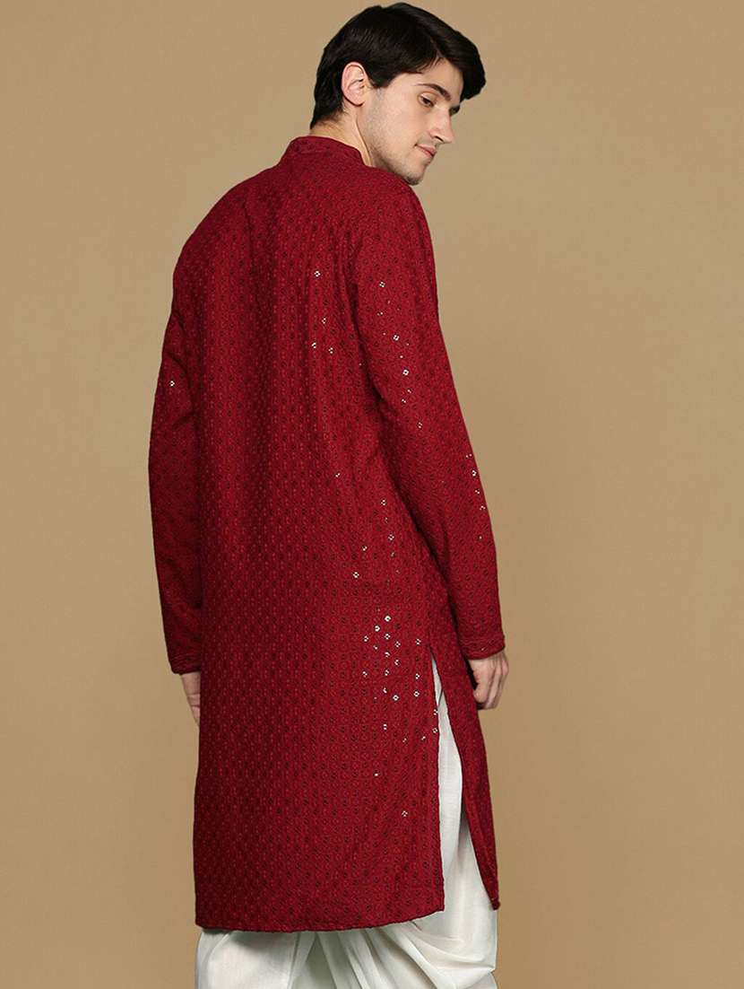 Men Solid With Work Mandarin Neck Long Kurta
