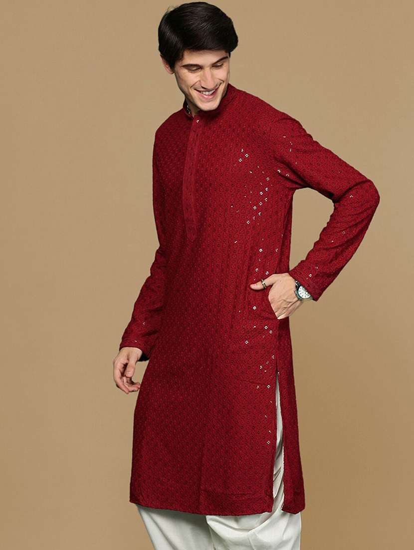 men solid with work mandarin neck long kurta - 22027156 - Standard Image - 3