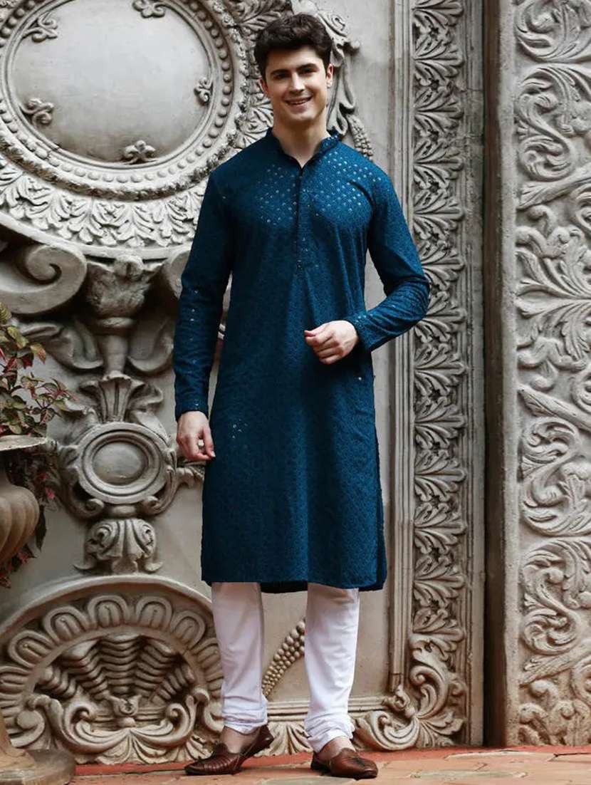 men solid with work mandarin neck long kurta - 22027157 -  Zoom Image - 0