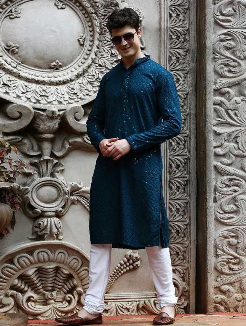 men solid with work mandarin neck long kurta - 22027157 - Standard Image - 3