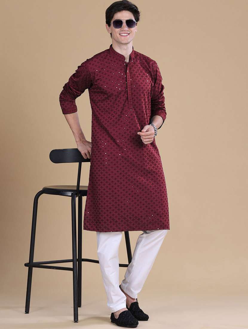 men solid with work mandarin neck long kurta - 22027158 -  Zoom Image - 0