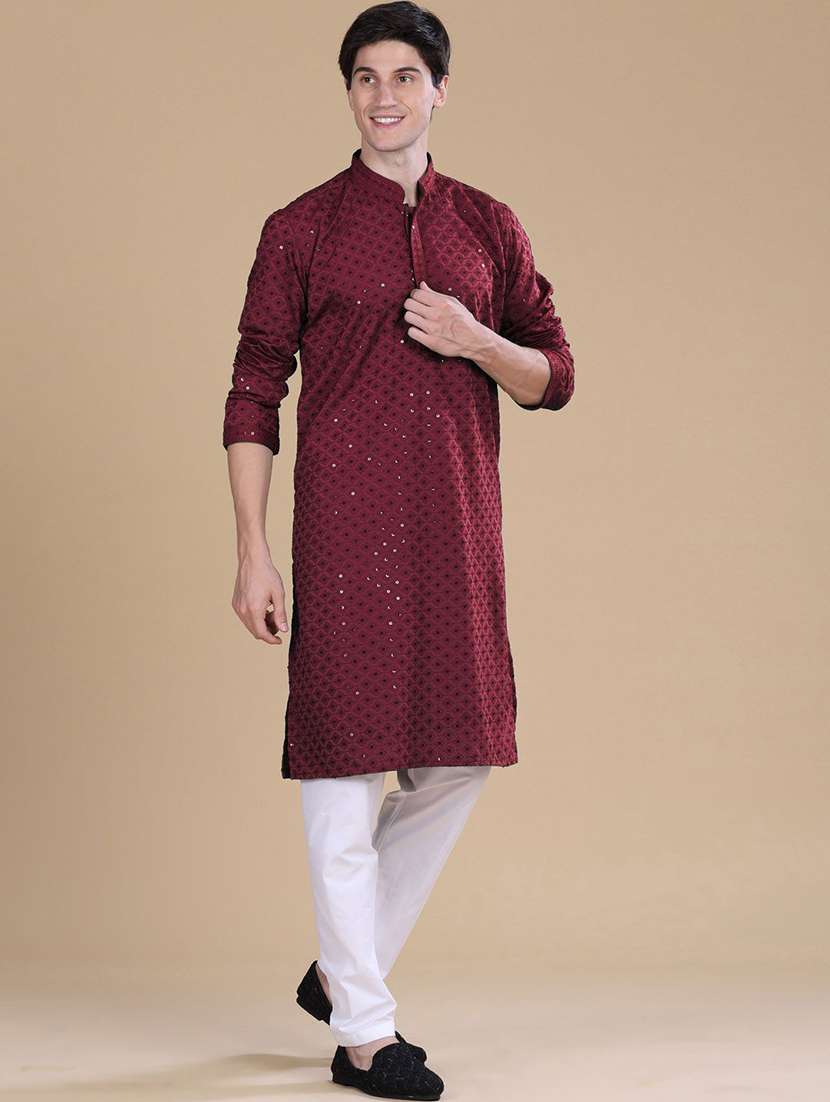 Men Solid With Work Mandarin Neck Long Kurta