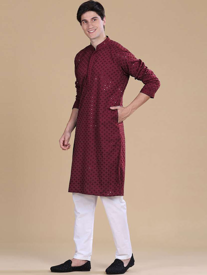 men solid with work mandarin neck long kurta - 22027158 - Standard Image - 3