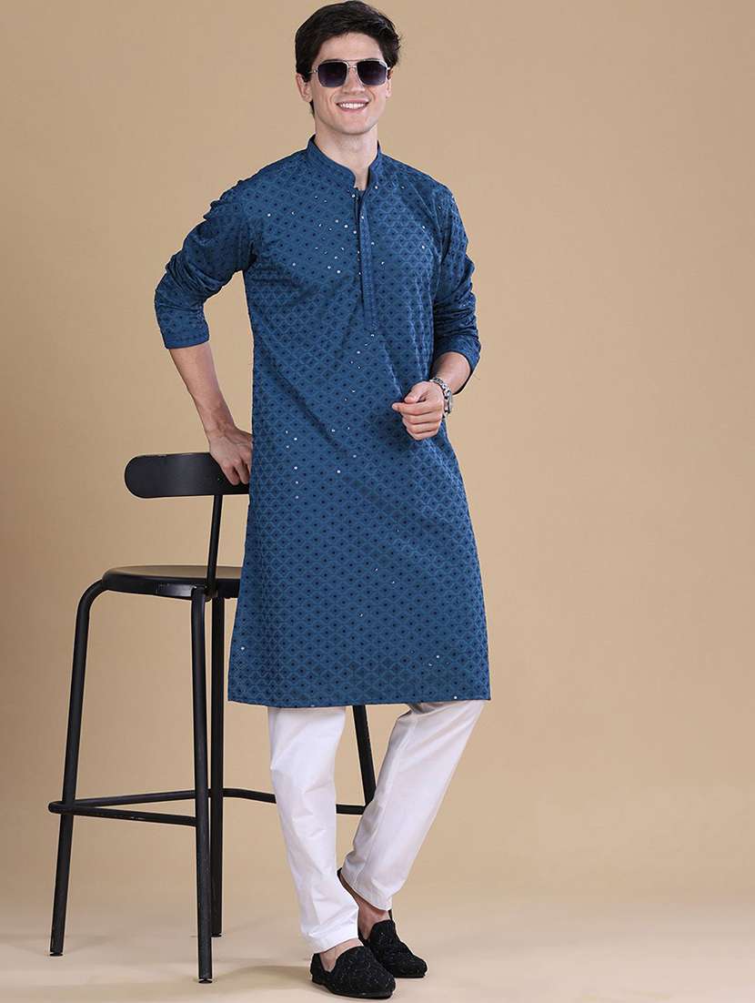 men solid with work mandarin neck long kurta