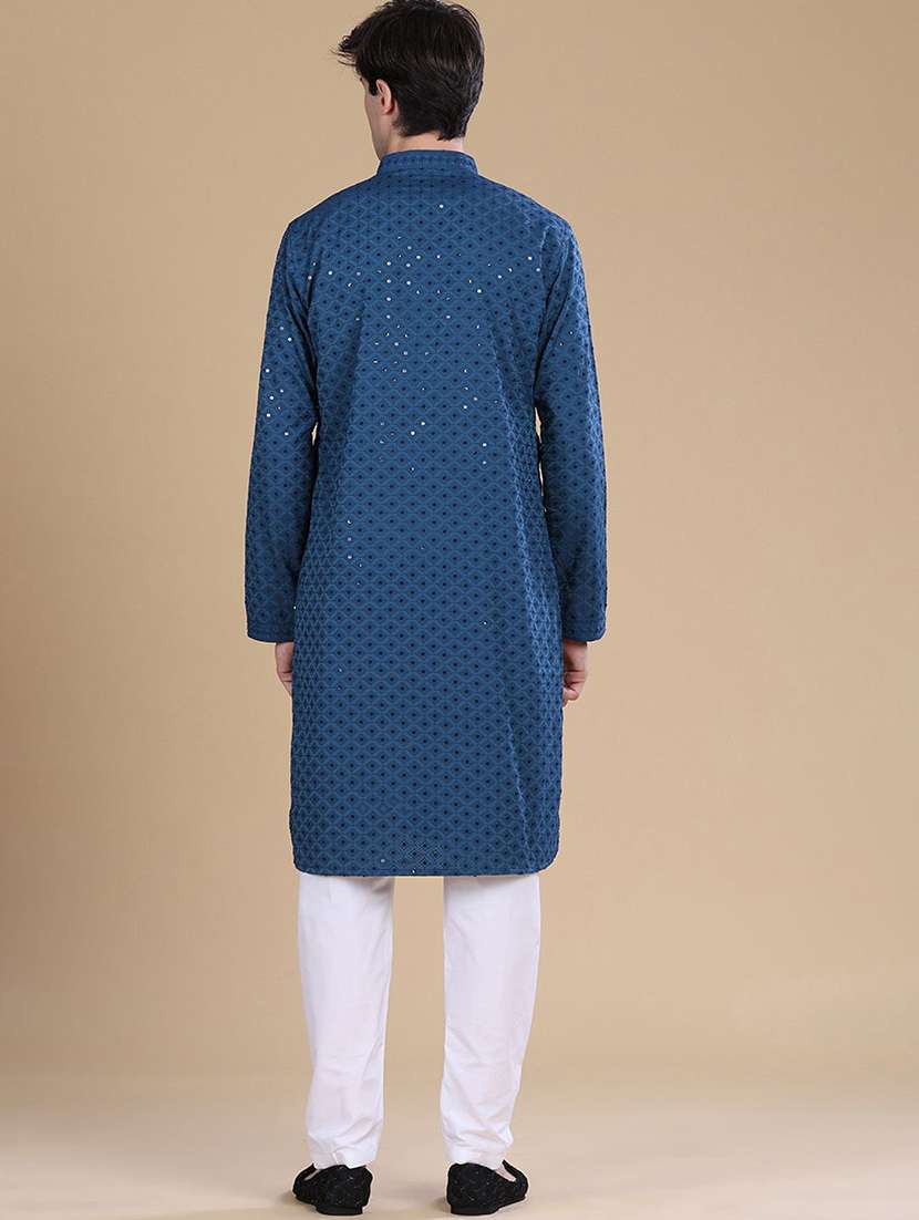 men solid with work mandarin neck long kurta - 22027159 - Standard Image - 3