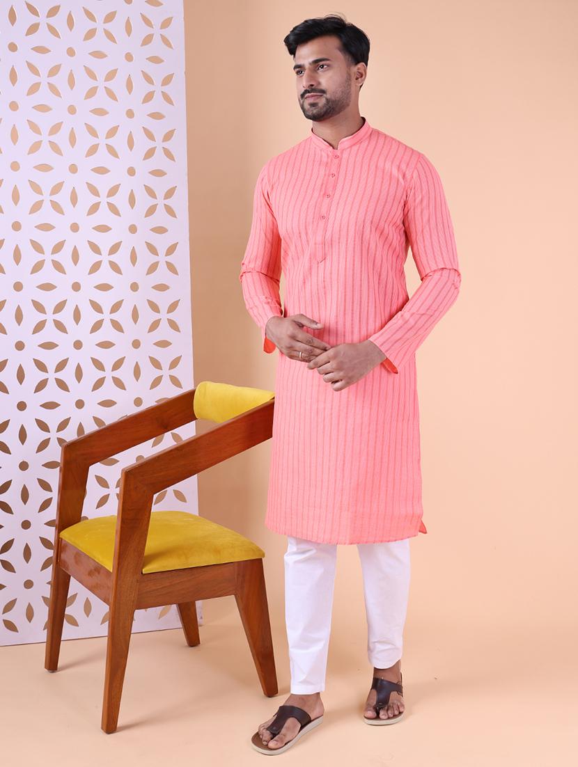 men striped mandarin neck kurta pyjama ethnic wear set