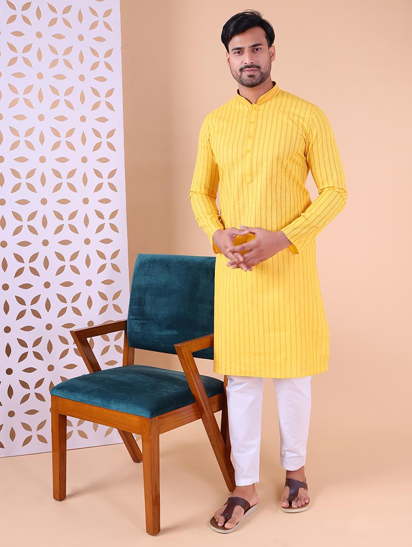 men striped mandarin neck kurta pyjama ethnic wear set