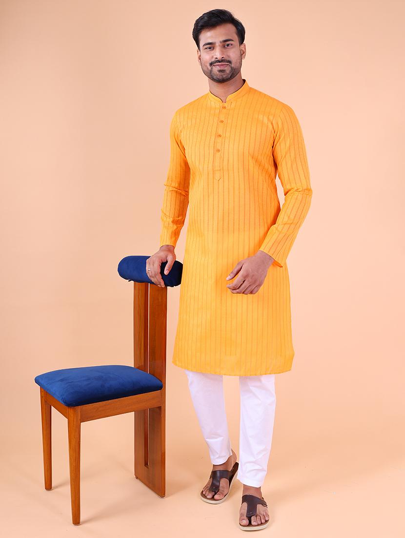 men striped mandarin neck kurta pyjama ethnic wear set
