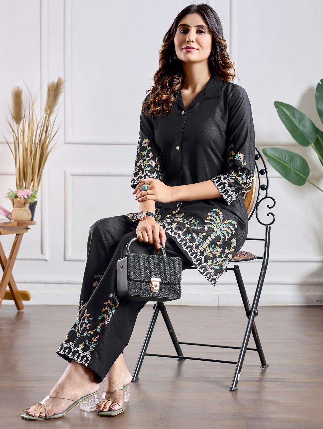 women embroidered three quarter sleeve ethnic co-ord set