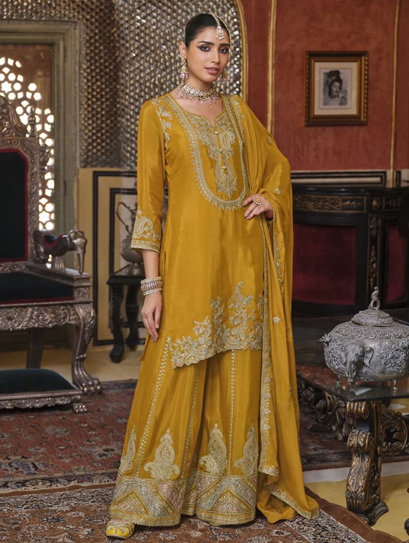 women embroidered three quarter sleeve kurta sharara with dupatta set - 22027408 - Zoom Image - 0