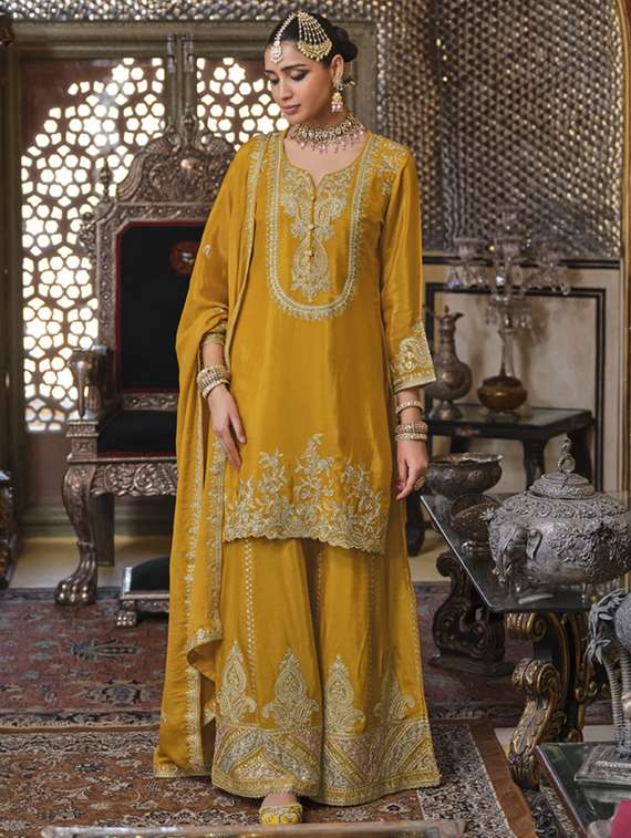 women embroidered three quarter sleeve kurta sharara with dupatta set - 22027408 - Standard Image - 3