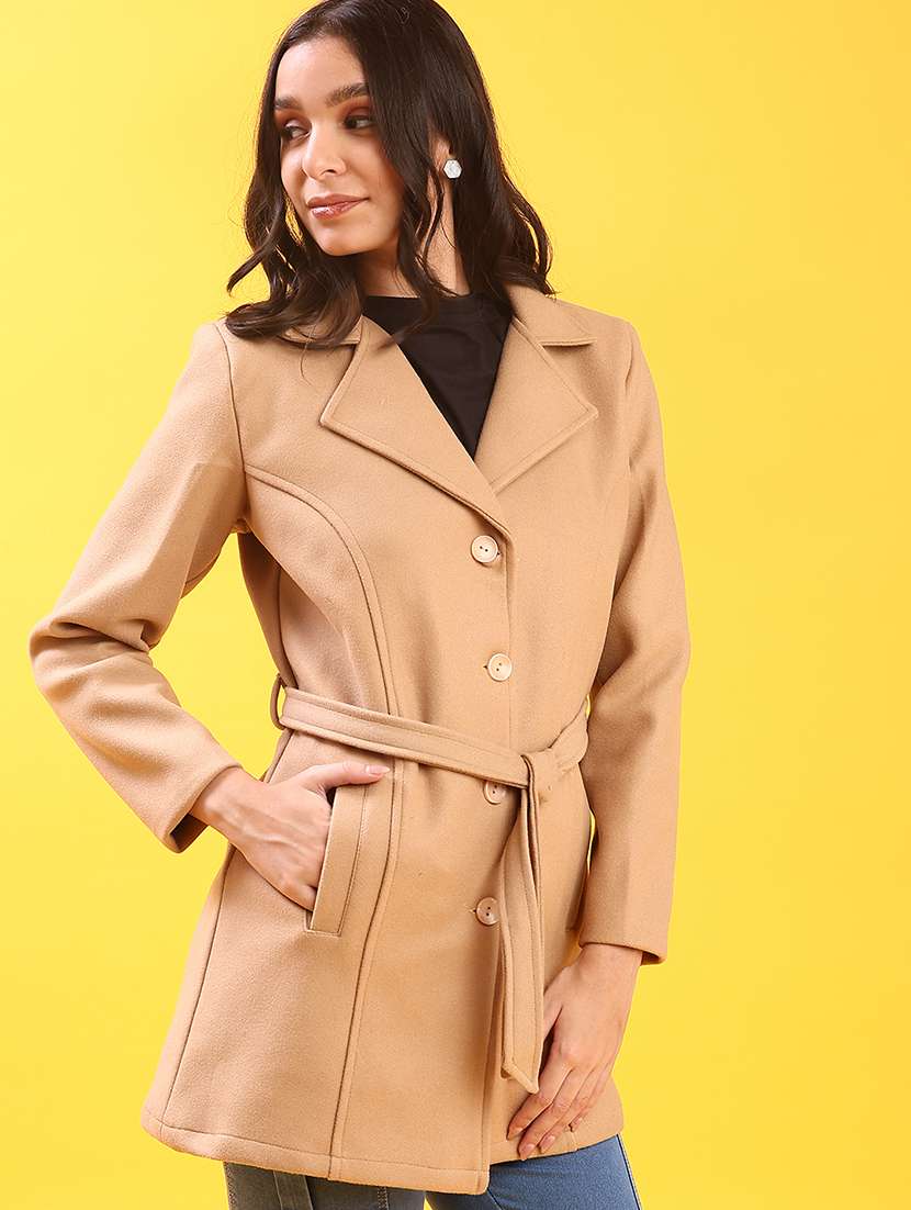 women solid lapel neck long sleeve overcoat