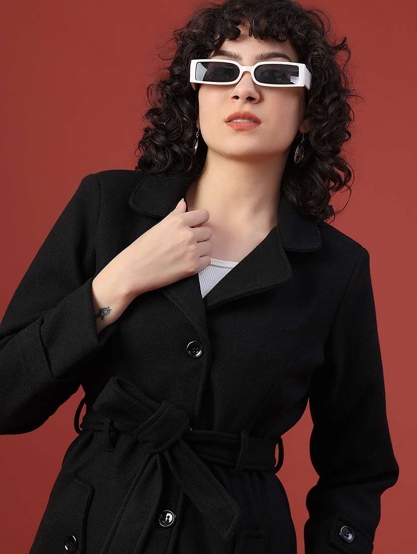 women solid lapel neck long sleeve regular coat