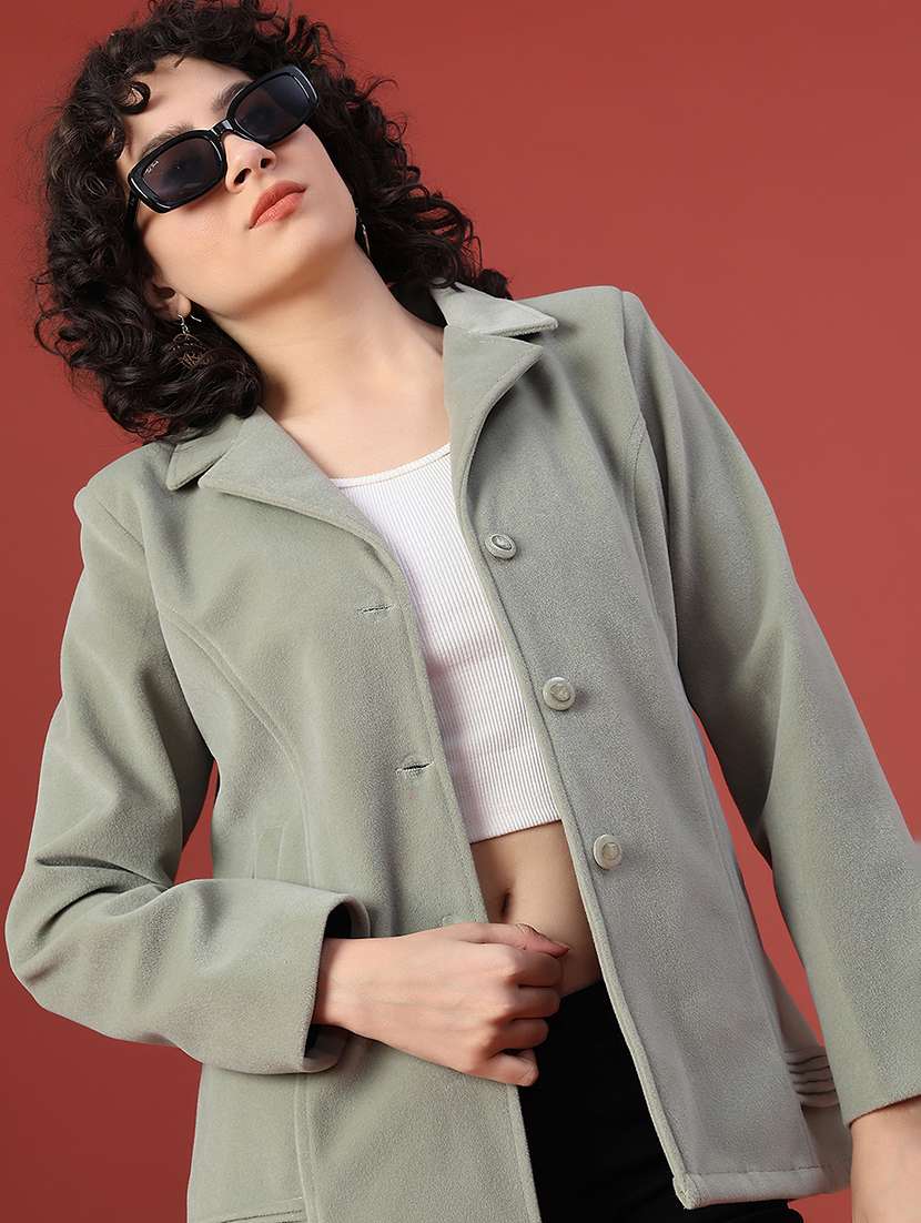 women solid lapel neck long sleeve regular coat