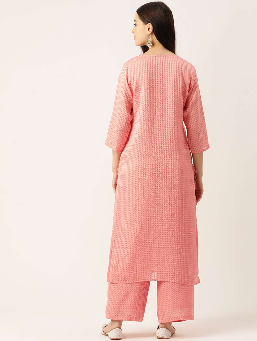 women checkered three quarter sleeve kurta pant set - 22028335 - Standard Image - 3