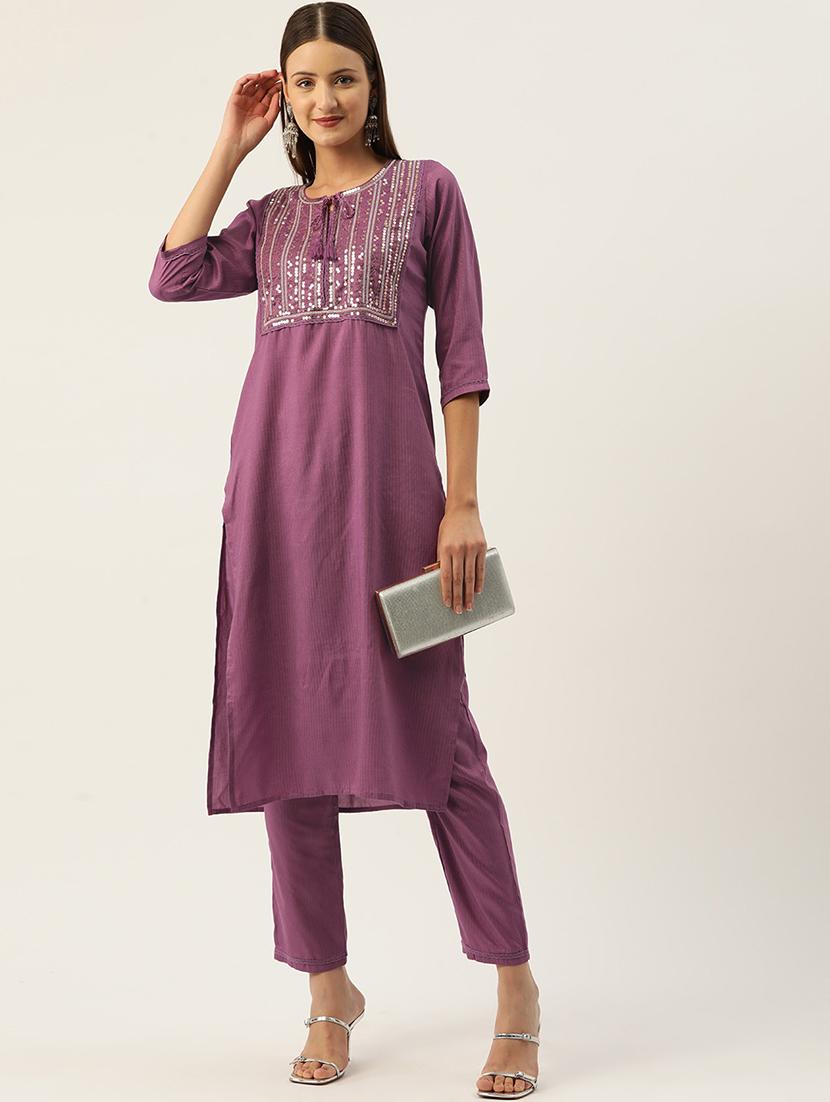 women solid with work three quarter sleeve kurta pant set