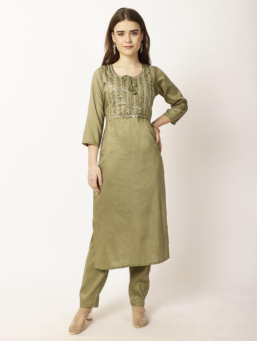 women embroidered three quarter sleeve kurta pant set