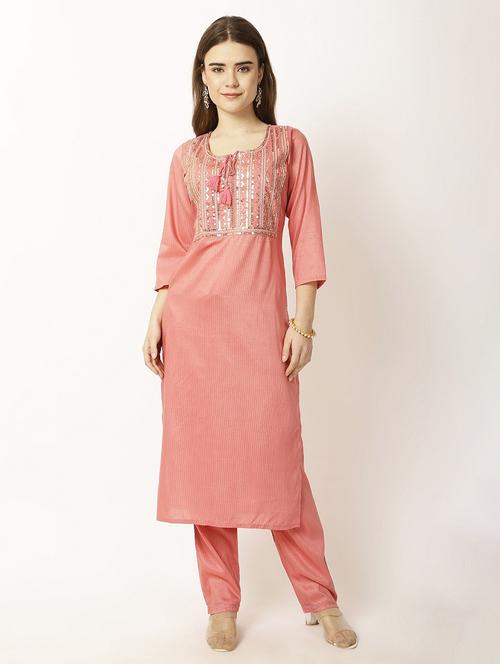 women embroidered three quarter sleeve kurta pant set - 22028342 -  Standard Image - 0
