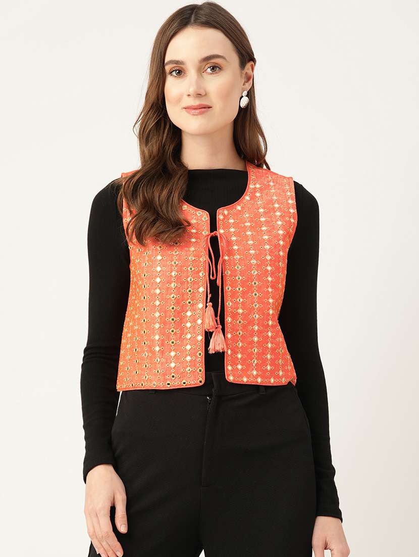 women mirror work sleeveless ethnic jacket