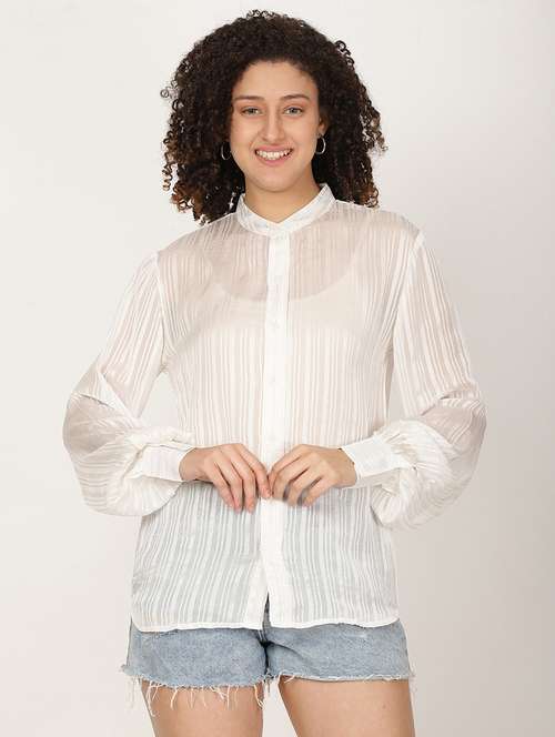 women white striped puff sleeve shirt top - 22028361 -  Standard Image - 0
