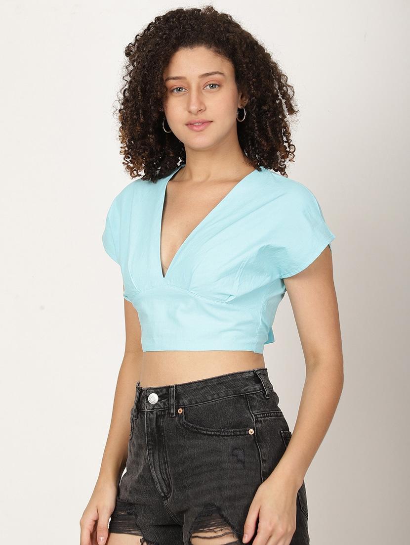 women solid short sleeve backless crop top - 22028363 -  Zoom Image - 0
