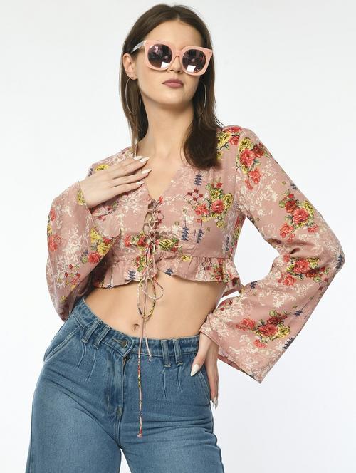 women floral print bell sleeve crop top - 22028369 -  Standard Image - 0