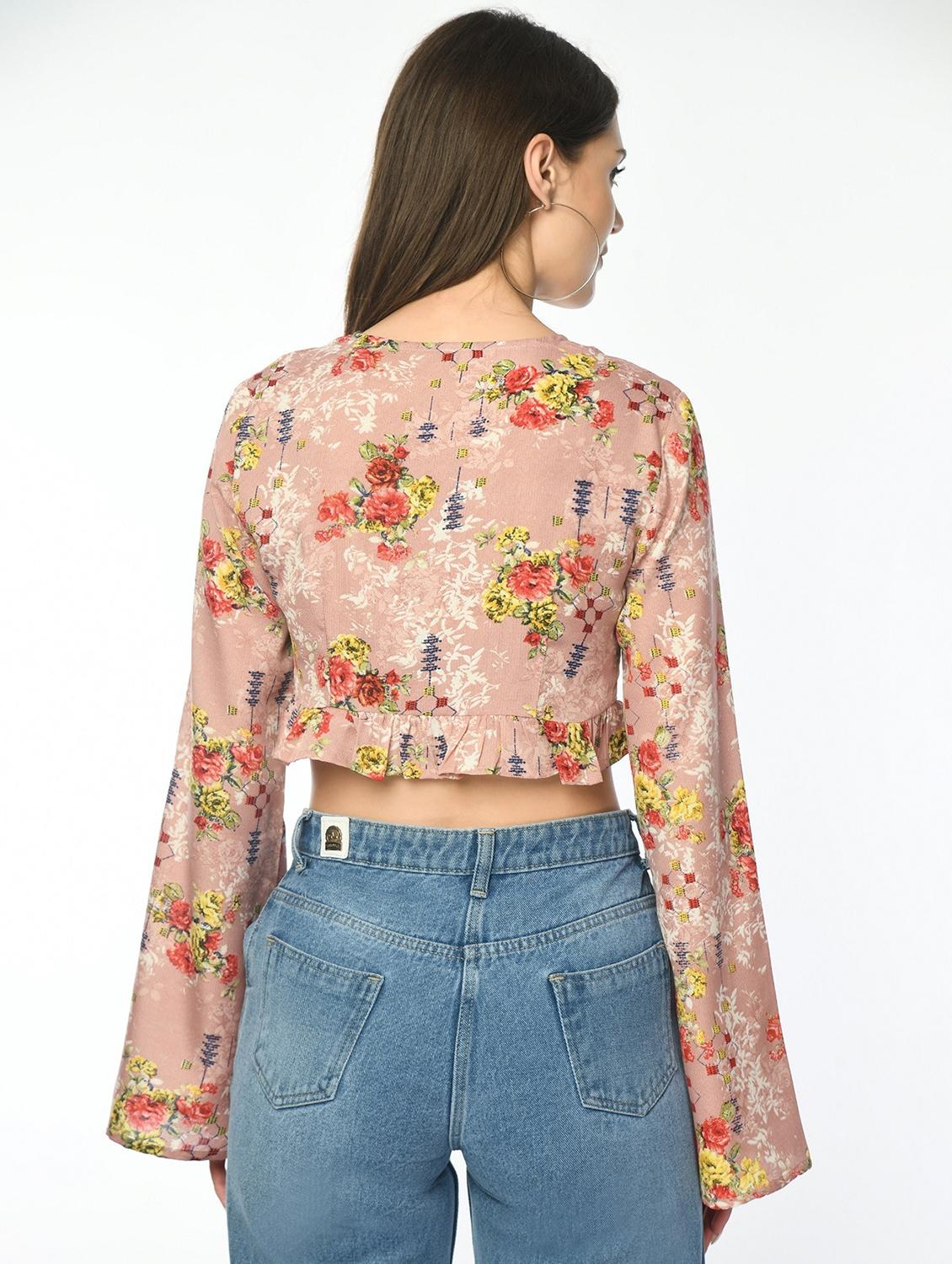 women floral print bell sleeve crop top - 22028369 - Standard Image - 3