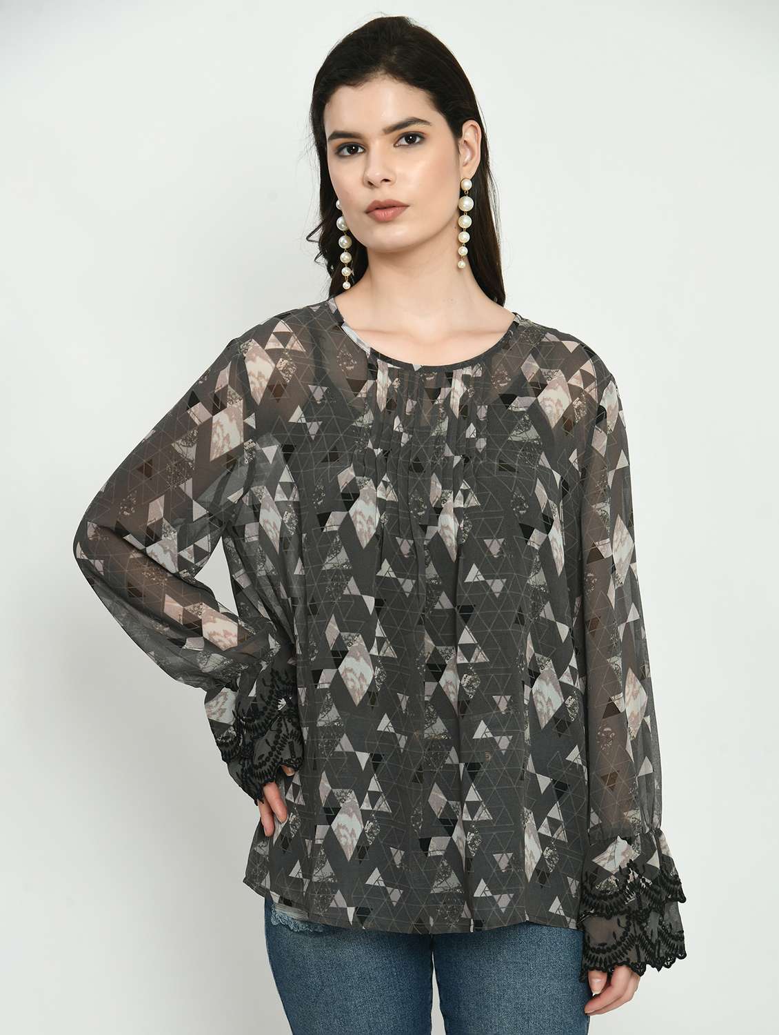 women printed bell sleeve a-line top - 22028372 -  Zoom Image - 0