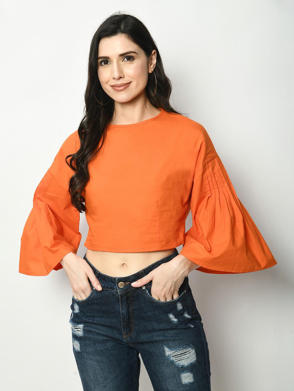 women orange solid bell sleeve crop top - 22028373 - Zoom Image - 0