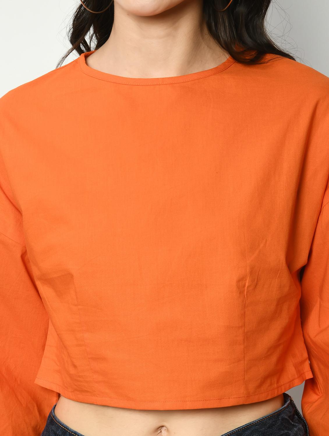 women orange solid bell sleeve crop top - 22028373 - Standard Image - 3