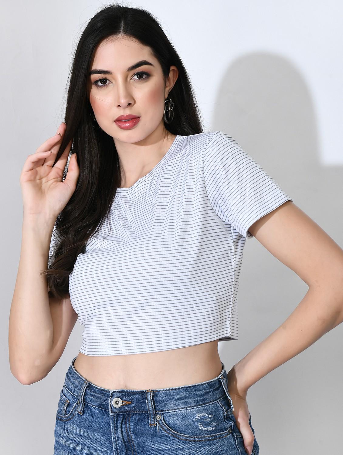 women striped short sleeve crop top - 22028379 - Zoom Image - 0
