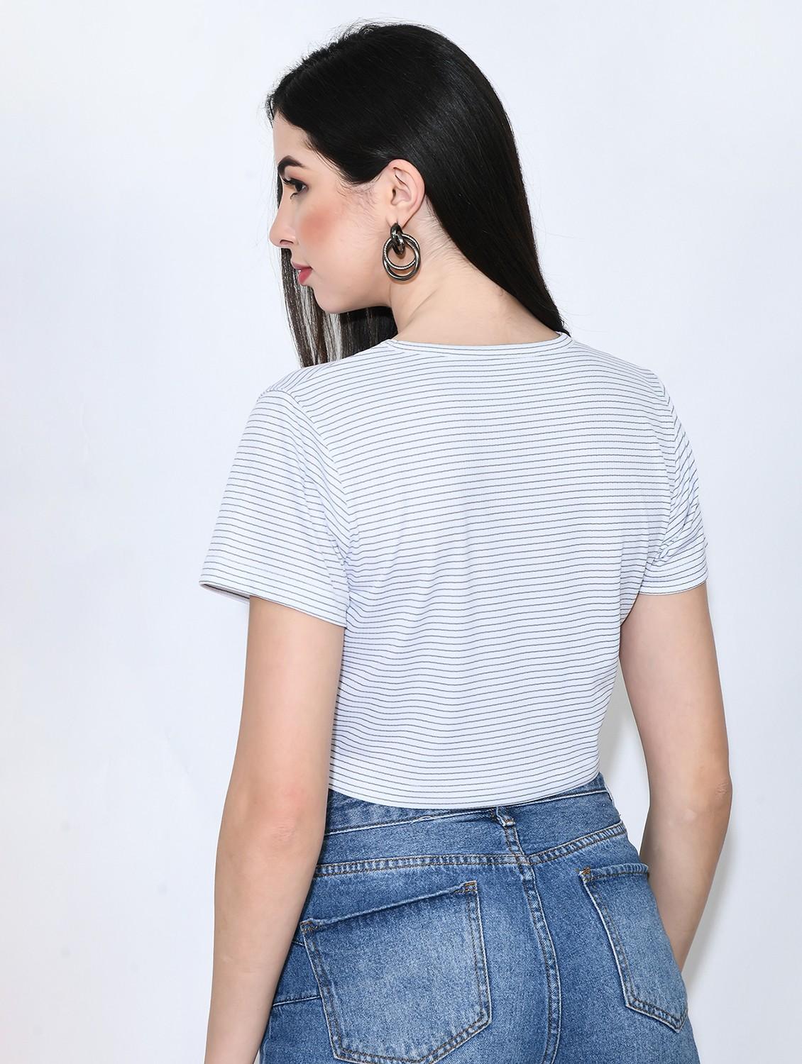 women striped short sleeve crop top - 22028379 - Standard Image - 3