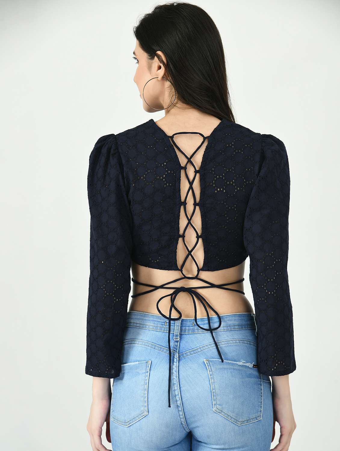 women puff sleeve backless crop schiffli top - 22028382 -  Standard Image - 3