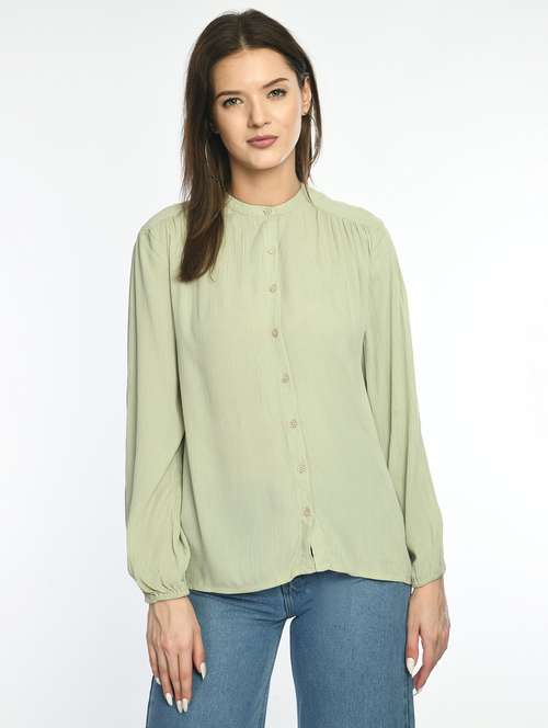 women solid mandarin collar long sleeve shirt top - 22028383 -  Standard Image - 0