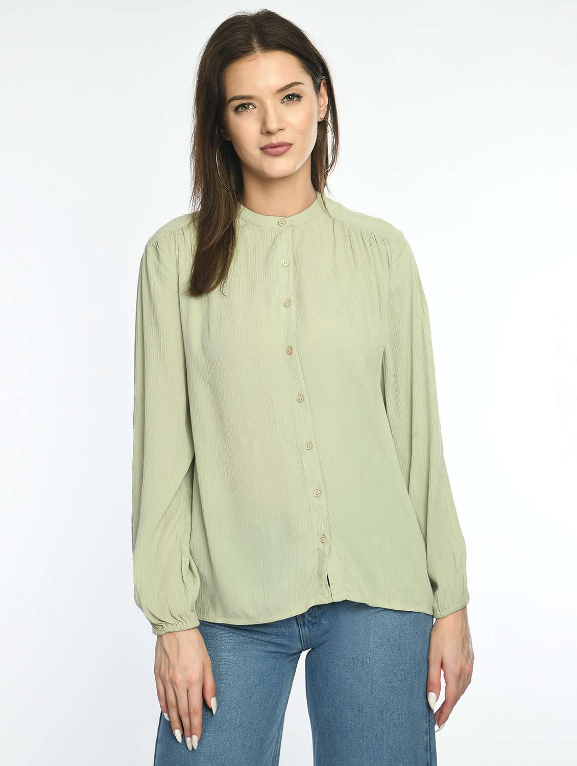 women solid mandarin collar long sleeve shirt top