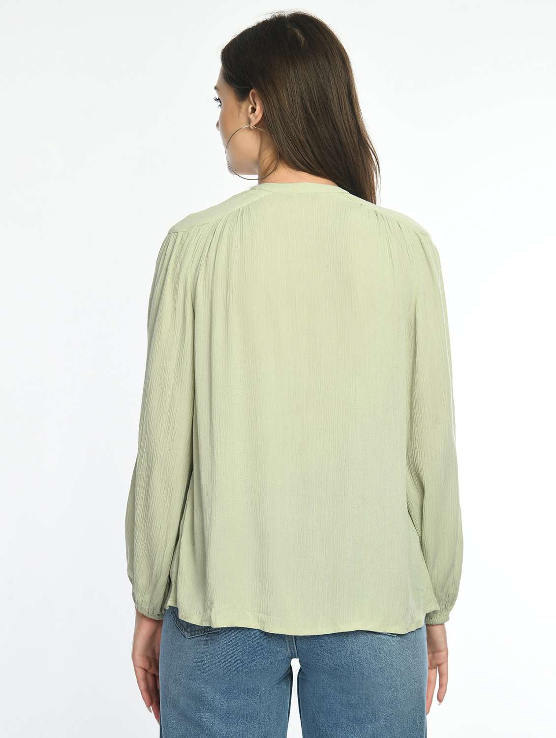women solid mandarin collar long sleeve shirt top - 22028383 -  Standard Image - 3