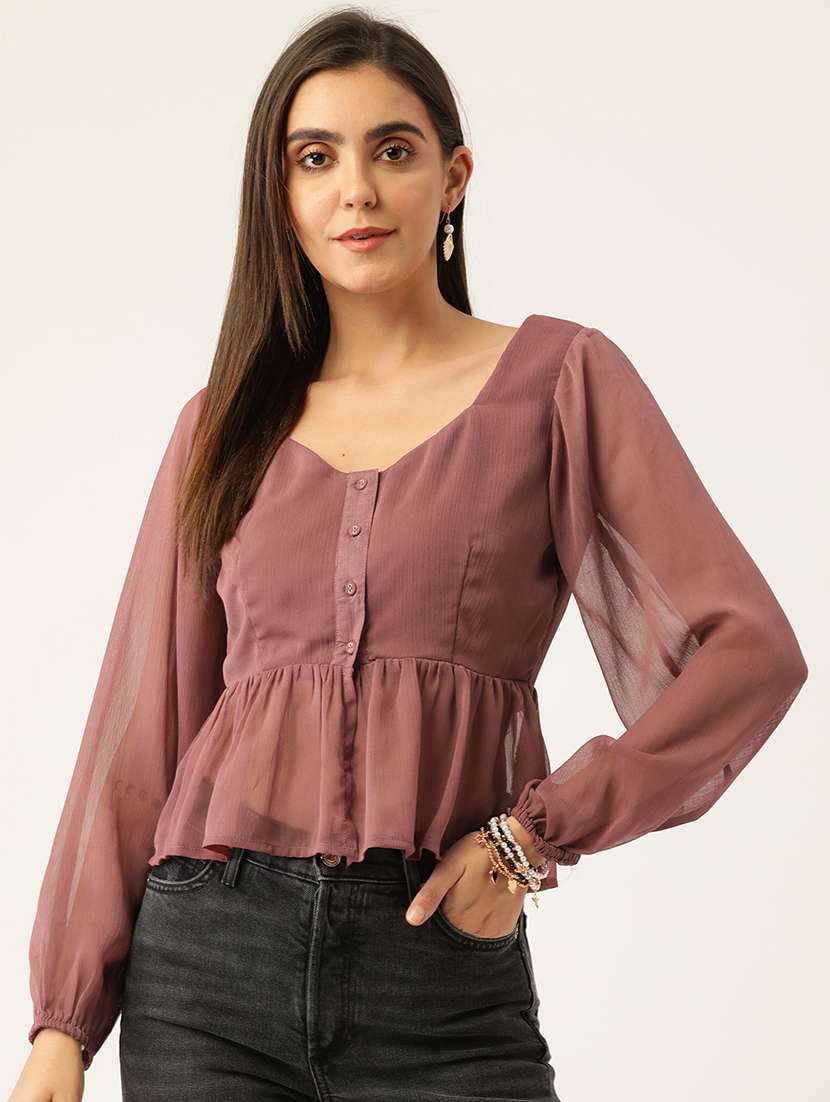 women solid long sleeve peplum top