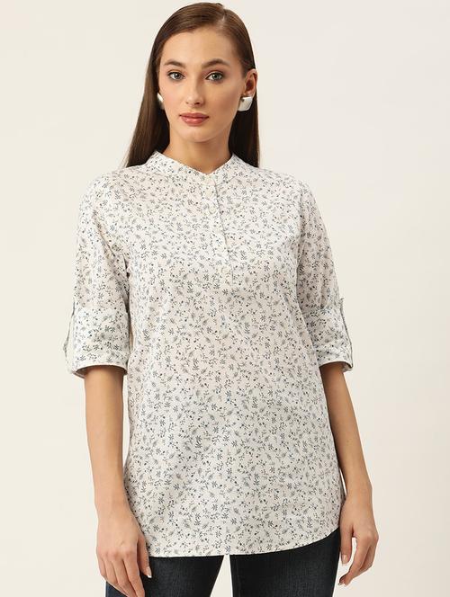 women floral print roll up sleeve straight top - 22028396 -  Standard Image - 0