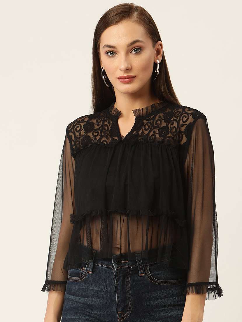 women solid mandarin neck sheer top
