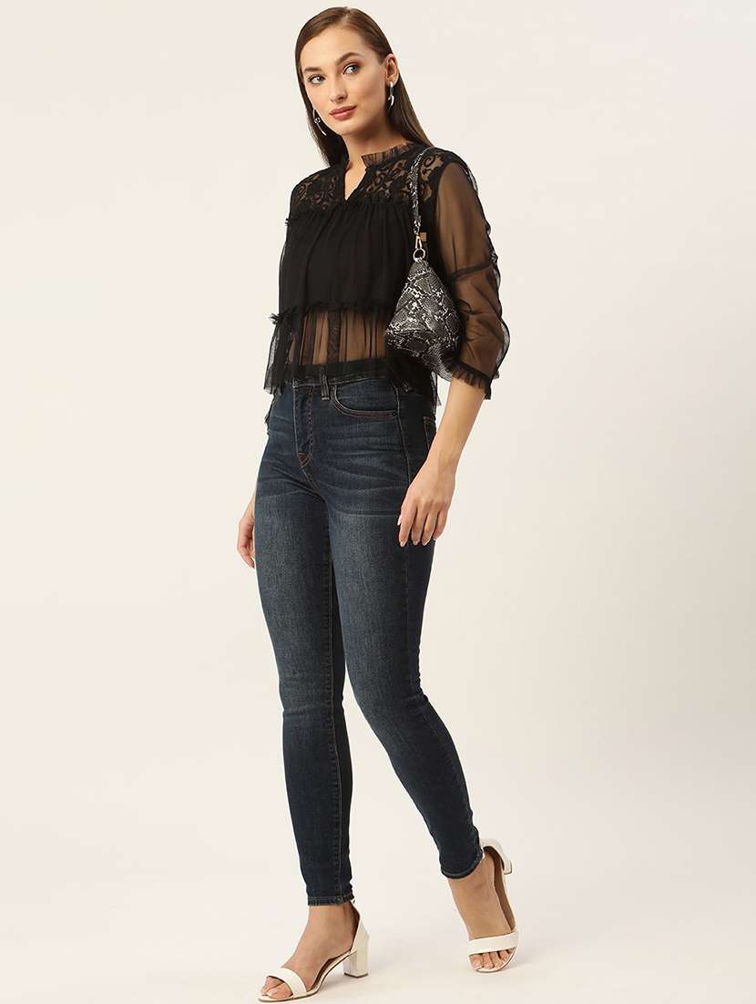 women solid mandarin neck sheer top - 22028397 -  Standard Image - 3