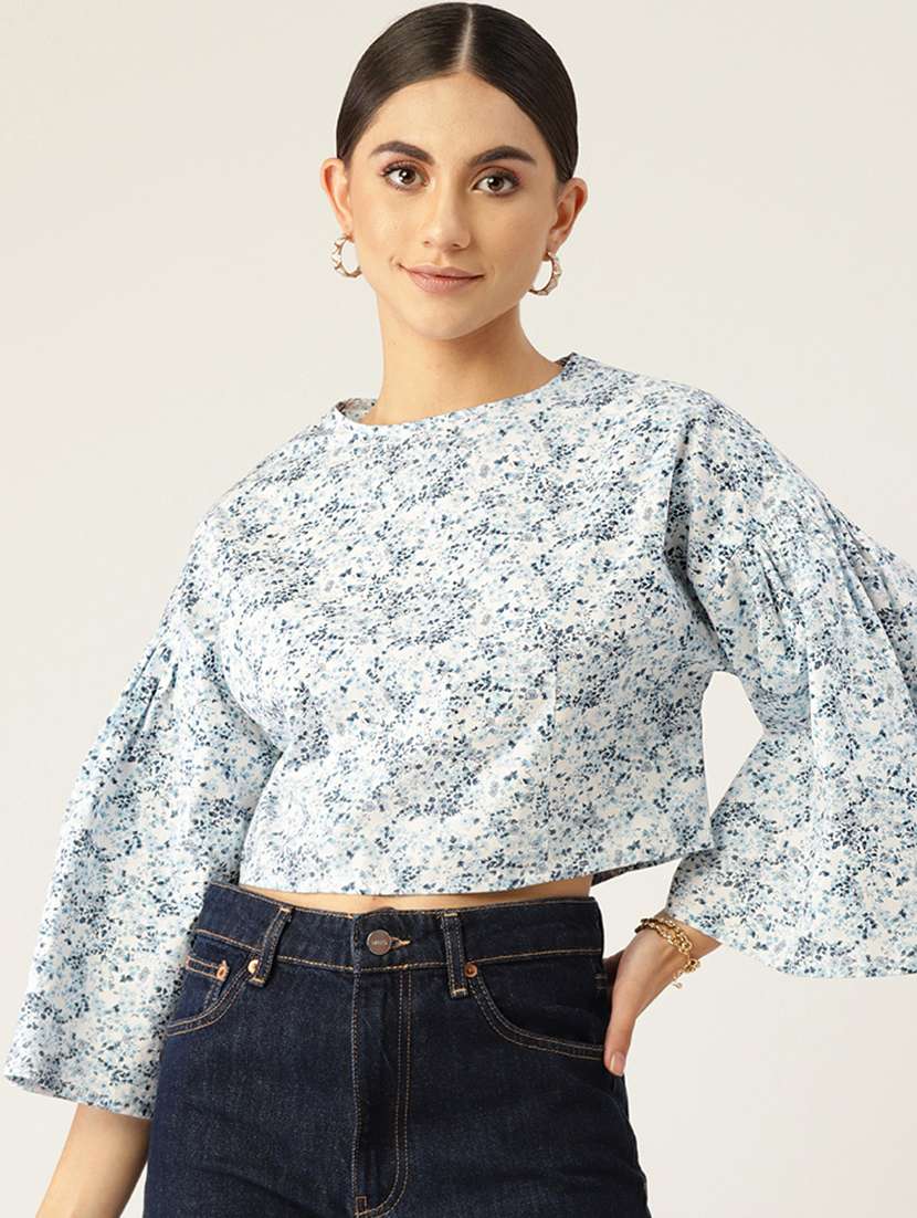 women floral print puff sleeve crop top