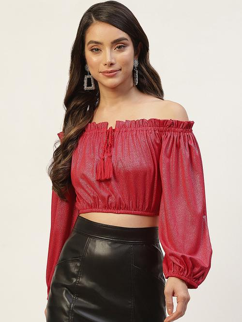 women solid off shoulder long sleeve crop top - 22028405 - Standard Image - 0