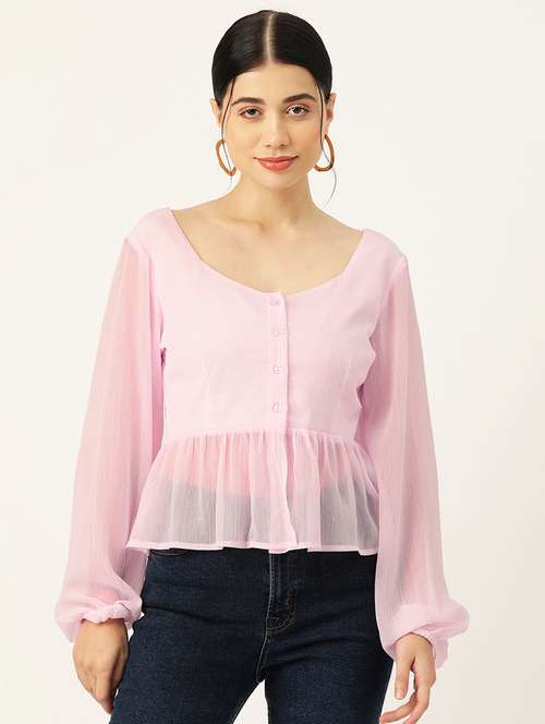 women pink solid puff sleeve peplum top - 22028418 -  Standard Image - 0