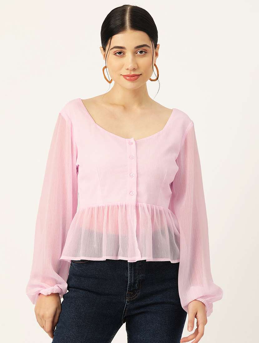 women pink solid puff sleeve peplum top